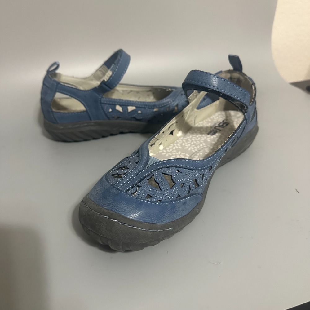 JBU‎ Jambu Wildflower Blue Floral Laser Cut Mary Jane Flats Shoes Womens 9W Wide